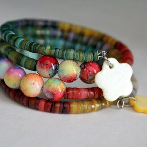 Jewel Tones Shell Heishi and Ceramic Bead Memory Wire Cuff Bracelet